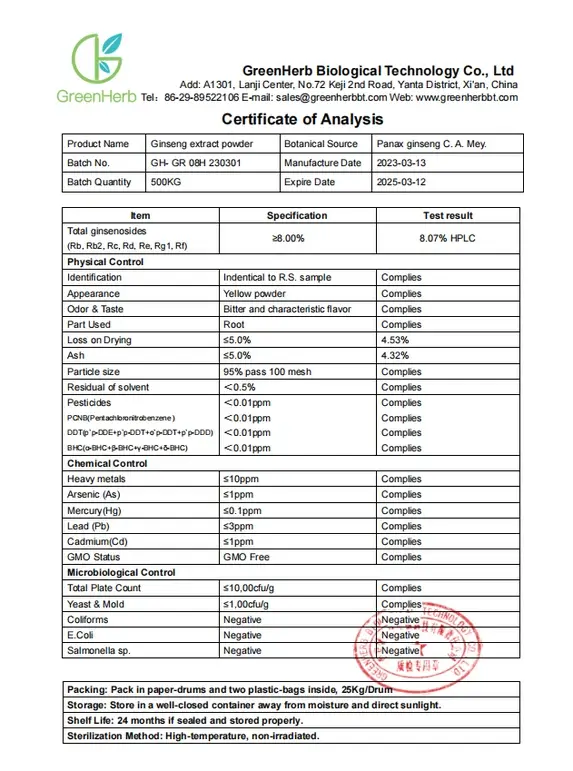 COA of Ginseng extract total ginsenosides.webp